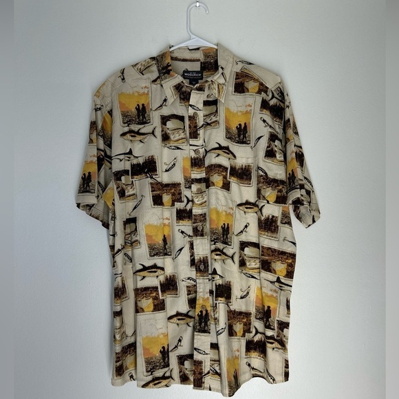 Vintage Woolrich Mens Fishing Fish Hook Print Button Down SS Shirt Beige Size XL - Picture 5 of 11